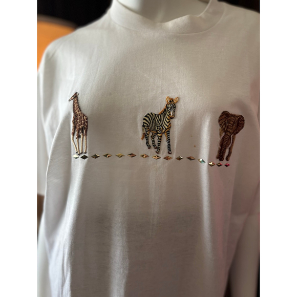 Vintage White Embroidered Safari Animals Short Sleeve Tee L - Picture 1 of 8